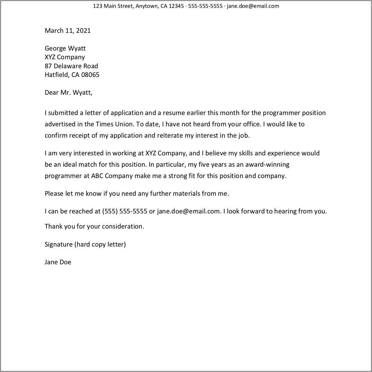 Follow Up Letter After Receiving Resume