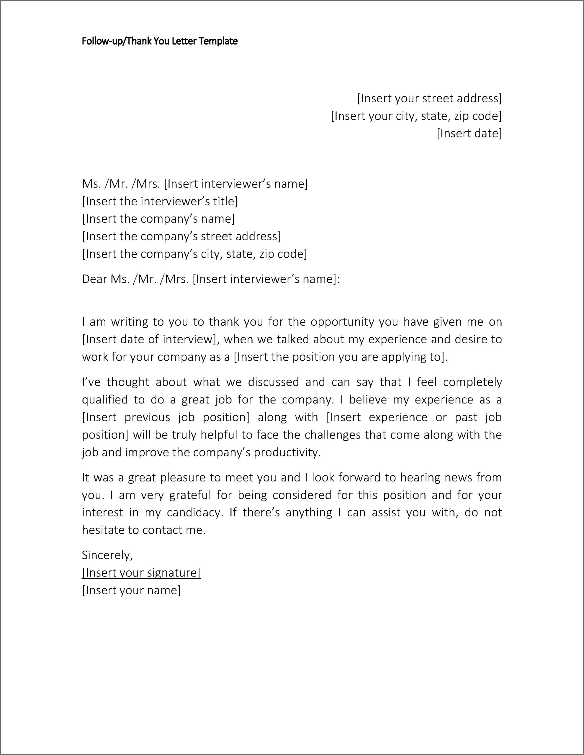 Follow Up Letter After Submitting A Resume Sample