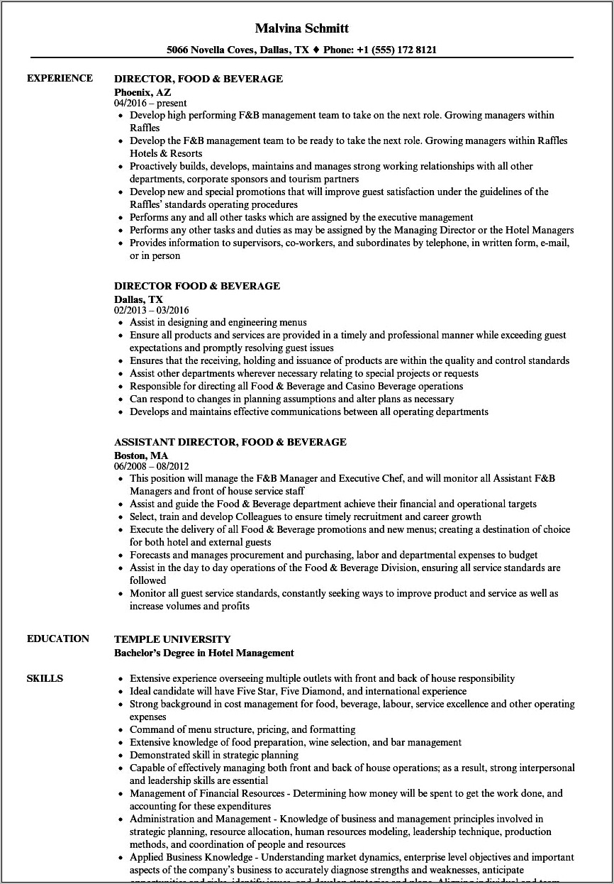 Food And Beverage Manager Resume Objective