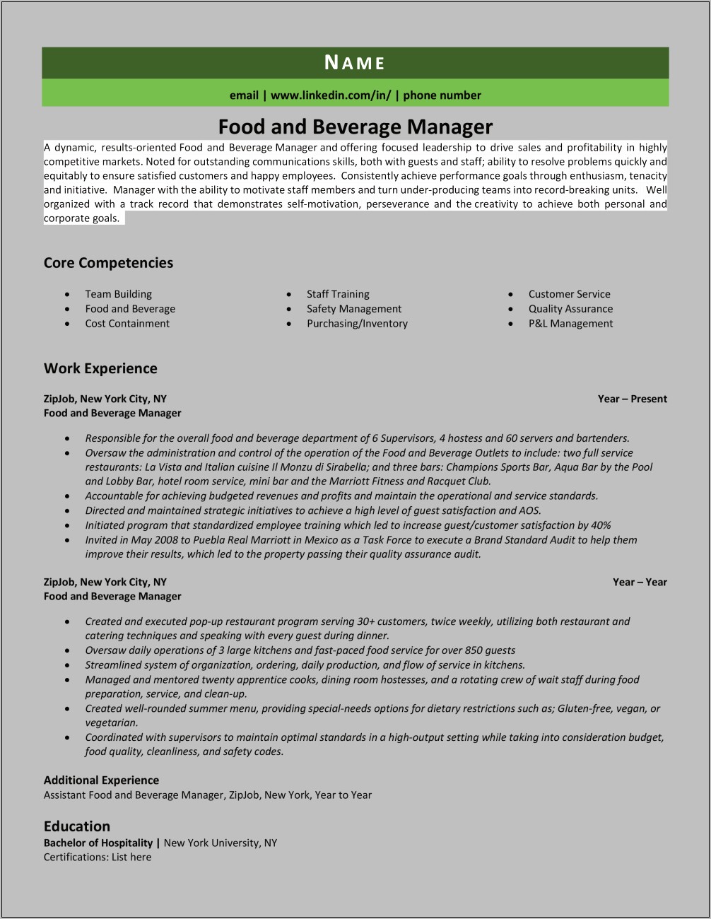 Food And Beverage Manager Resume Skills