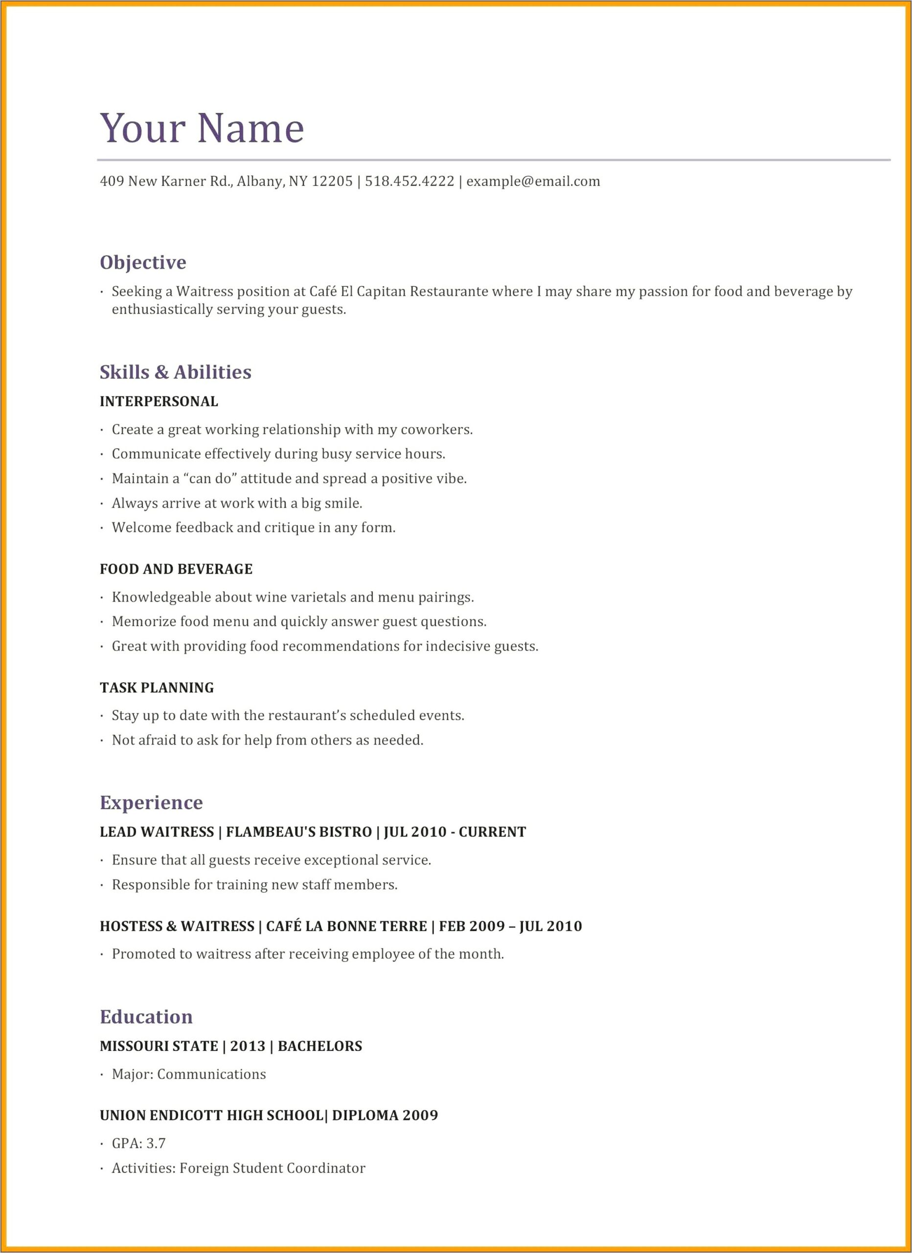 Food And Beverage Objective Resume Sample