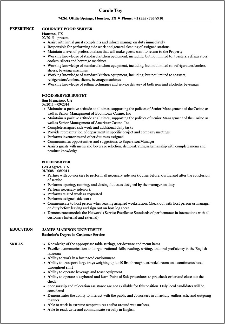 Food And Beverage Server Job Description Resume