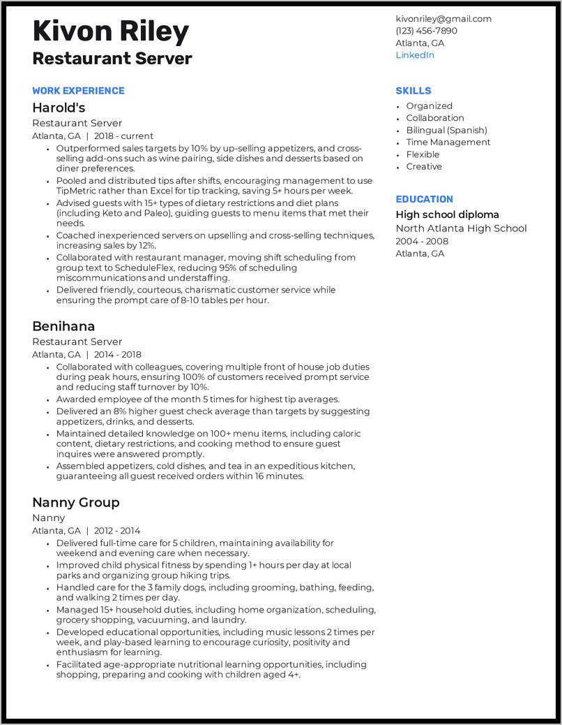 Food And Beverage Server Resume Examples