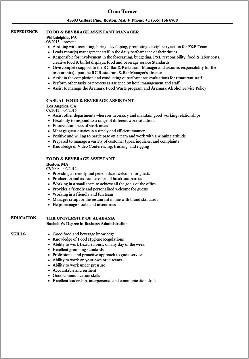 Food And Beverage Service Manager Resume