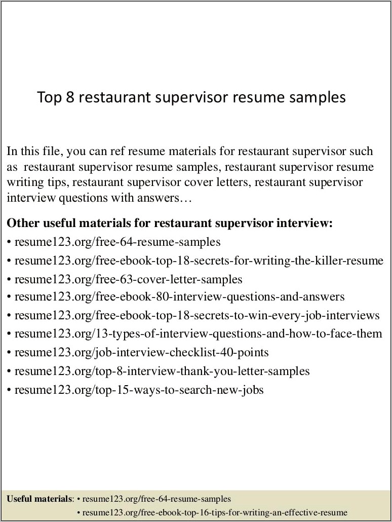 Food And Beverage Supervisor Resume Samples