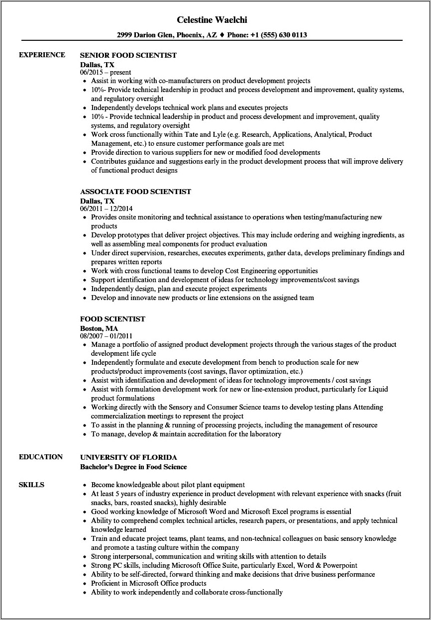 Food Product Development Manager Resume