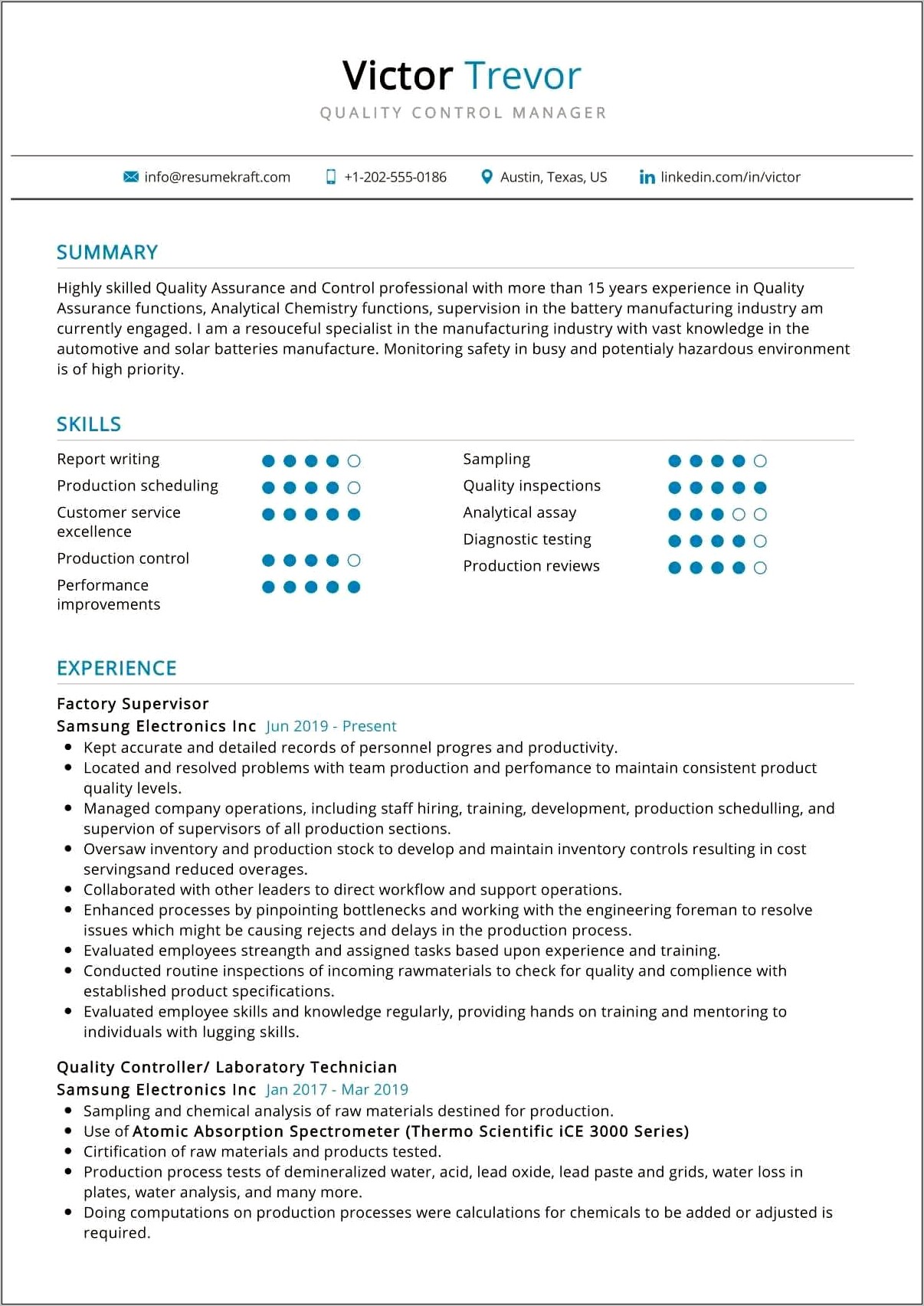 Food Quality Control Manager Resume Sample