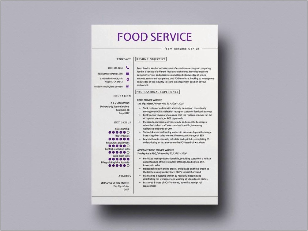 Food Service Customer Service Resume Working