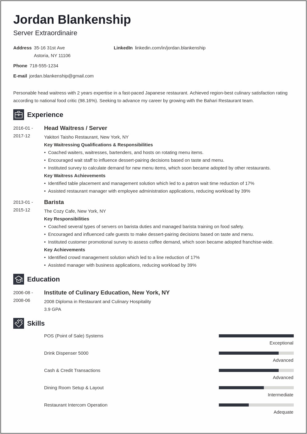 Food Service Skills And Abilities For Resume