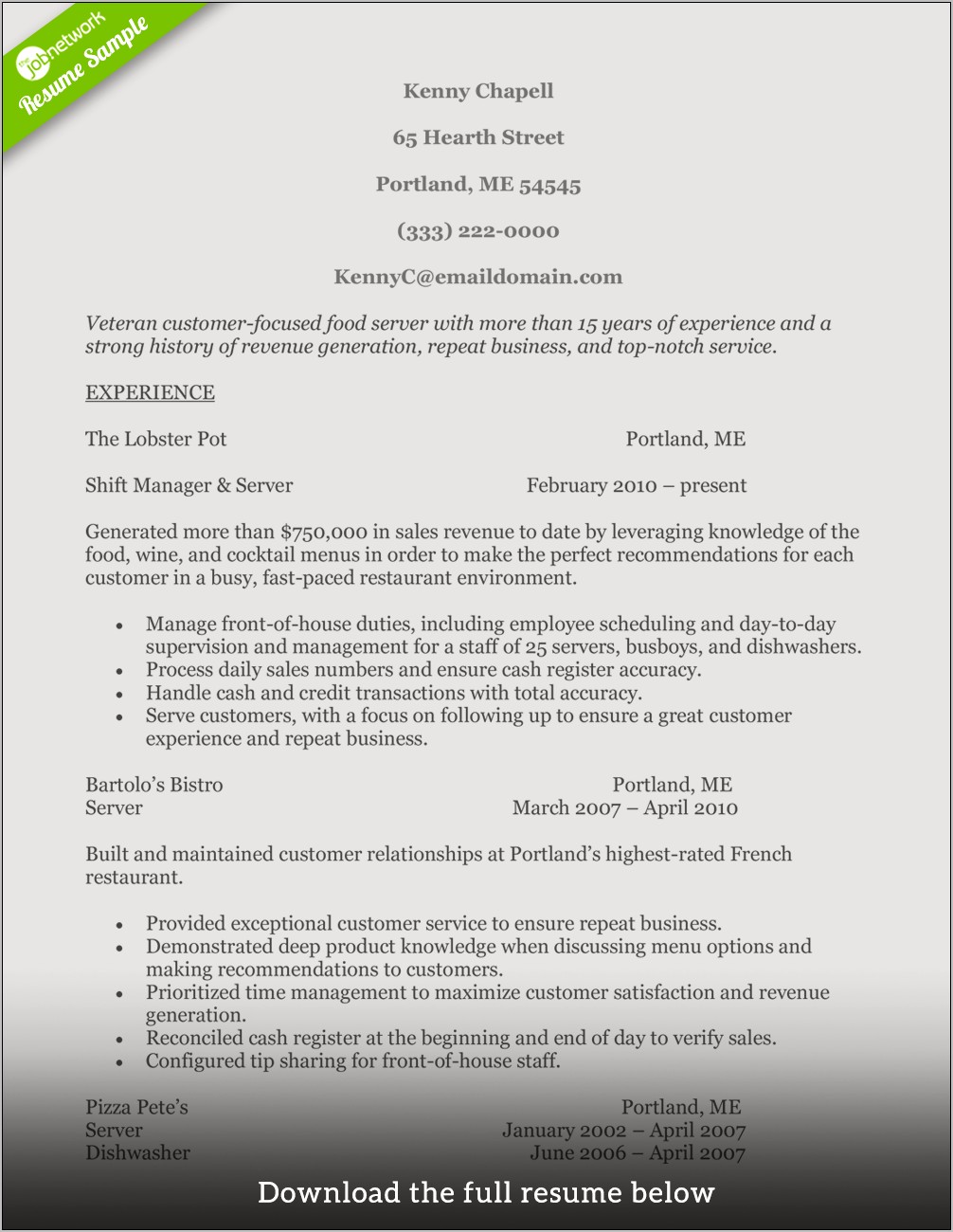 Food Service Supervisor Job Description Resume