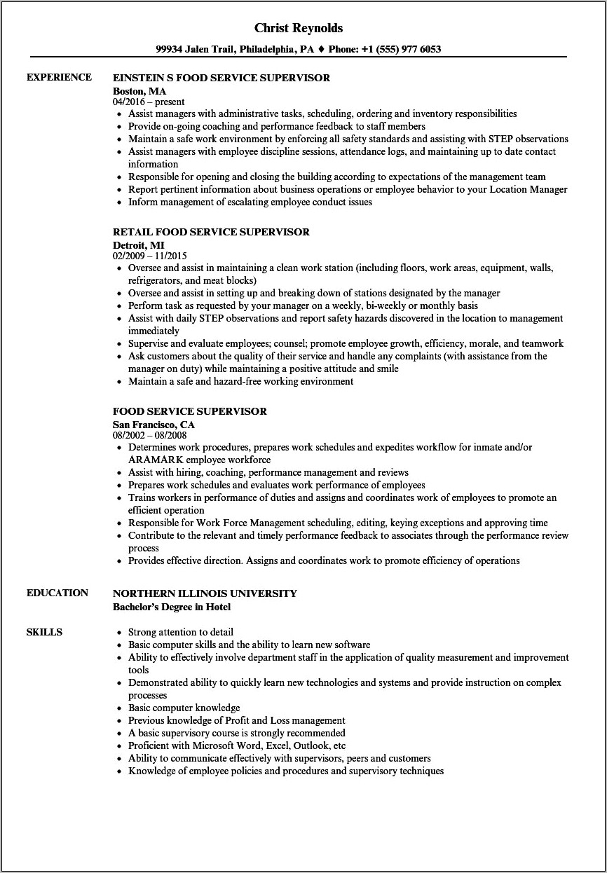 Food Supervisor Job Description For Resume