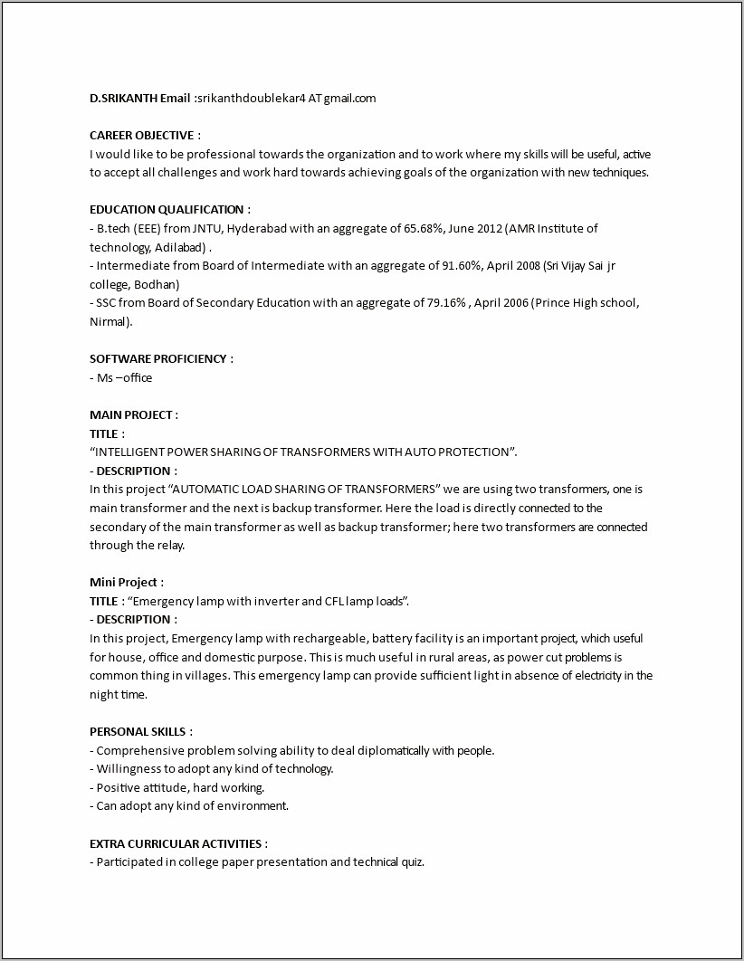 Format Of Best Resume For A Fresher Engineer