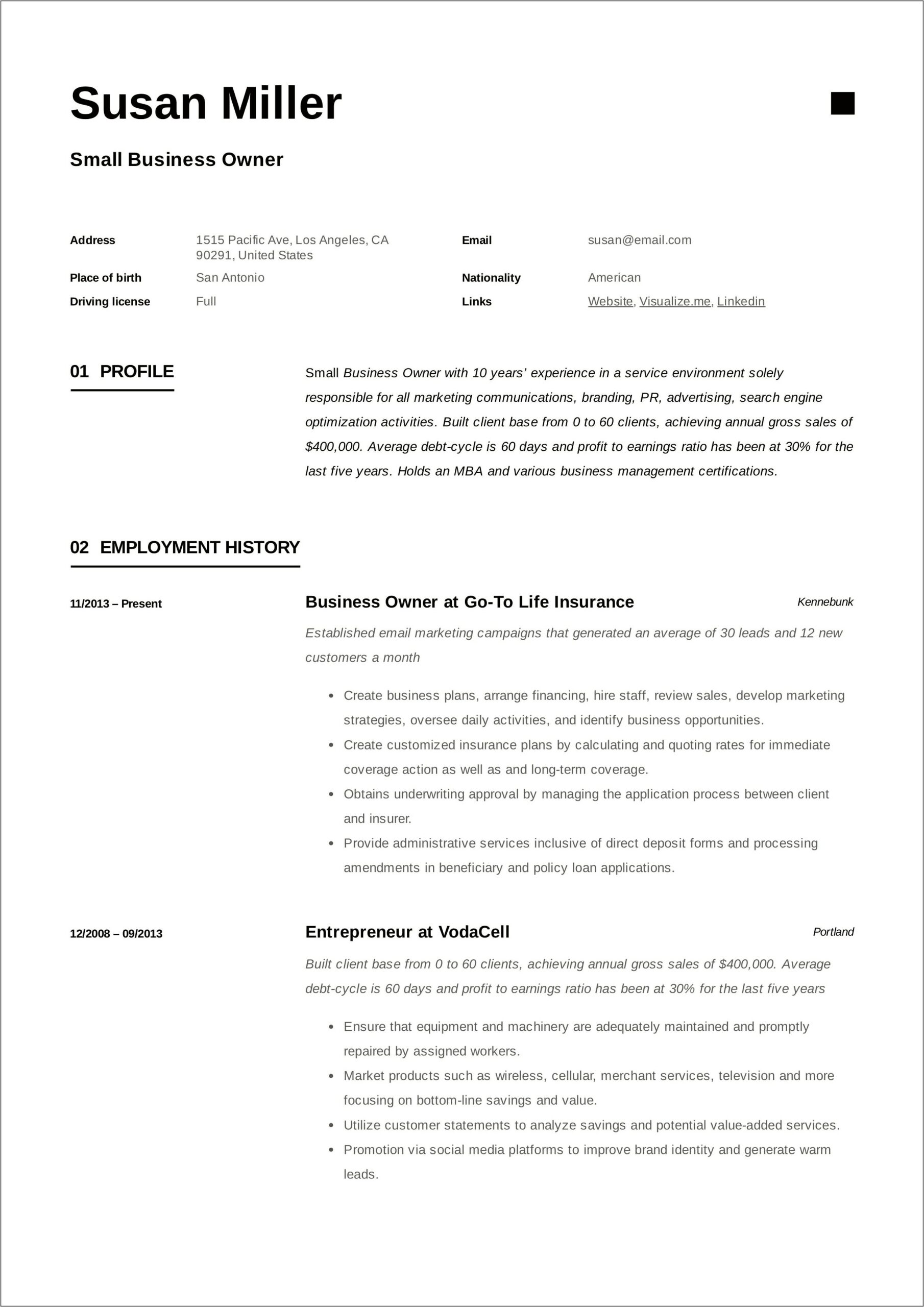 Former Business Owner Resume Personal Statement Sample