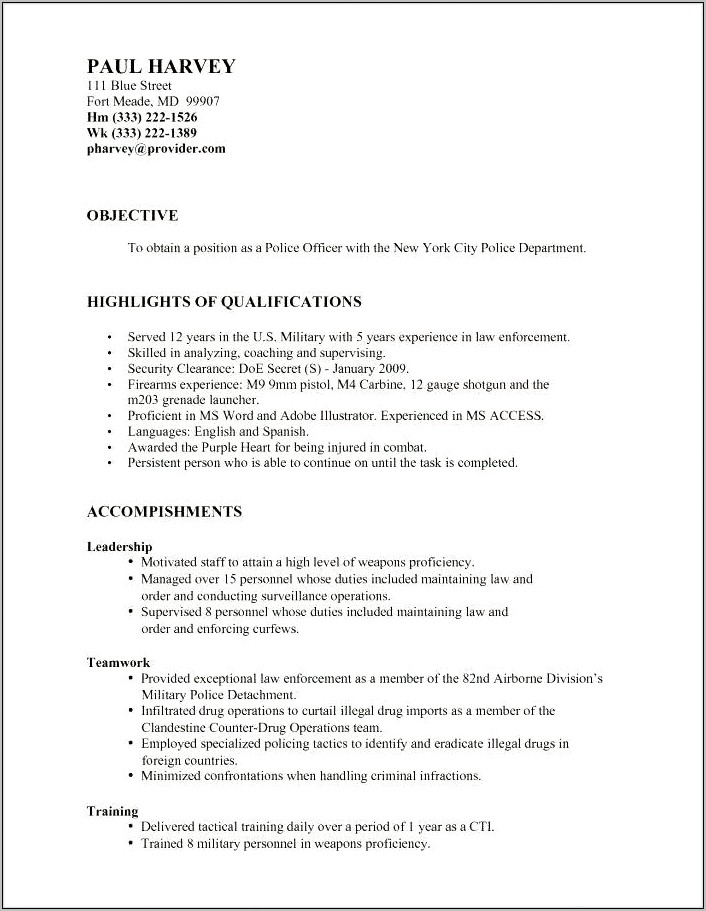 Former Police Officer Resume Examples