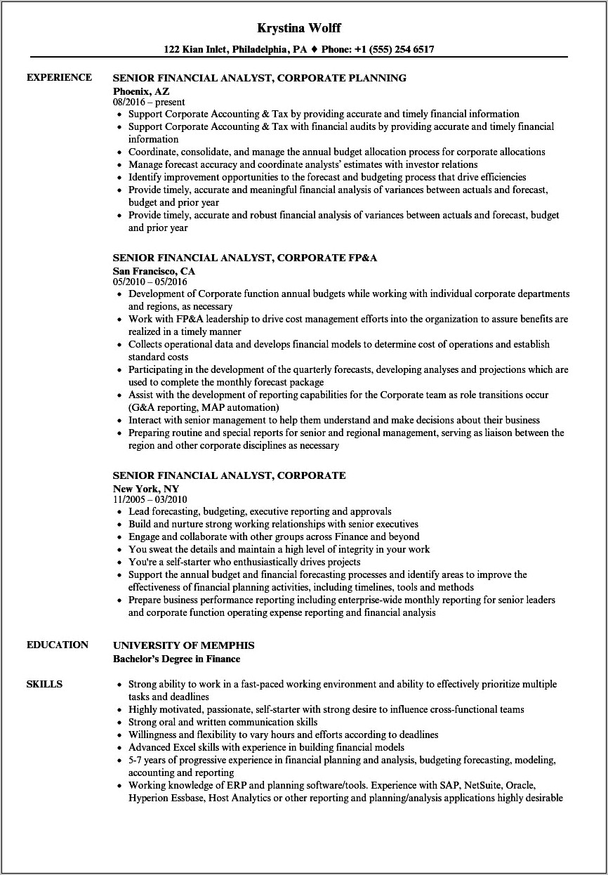 Fp&a Resume Examples Junior Level