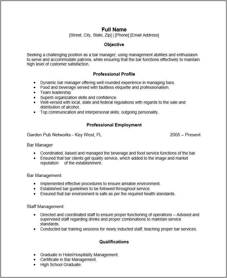 Free Bar Manager Resume Template