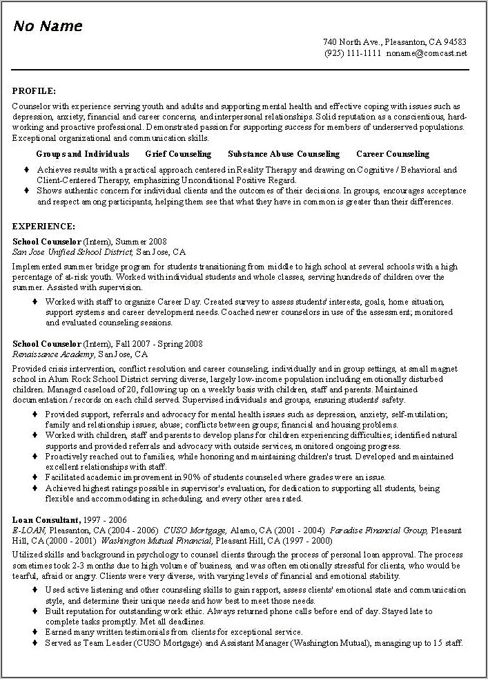 Free Chronological Resume Examples School Counselor