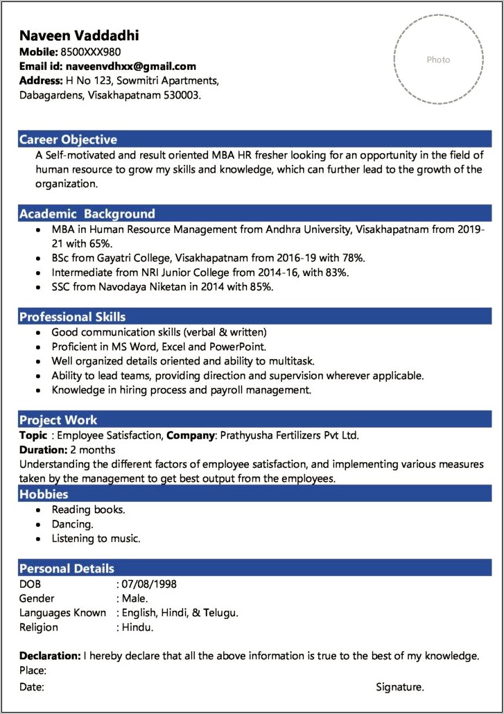Free Download A Resume Format For Freshers