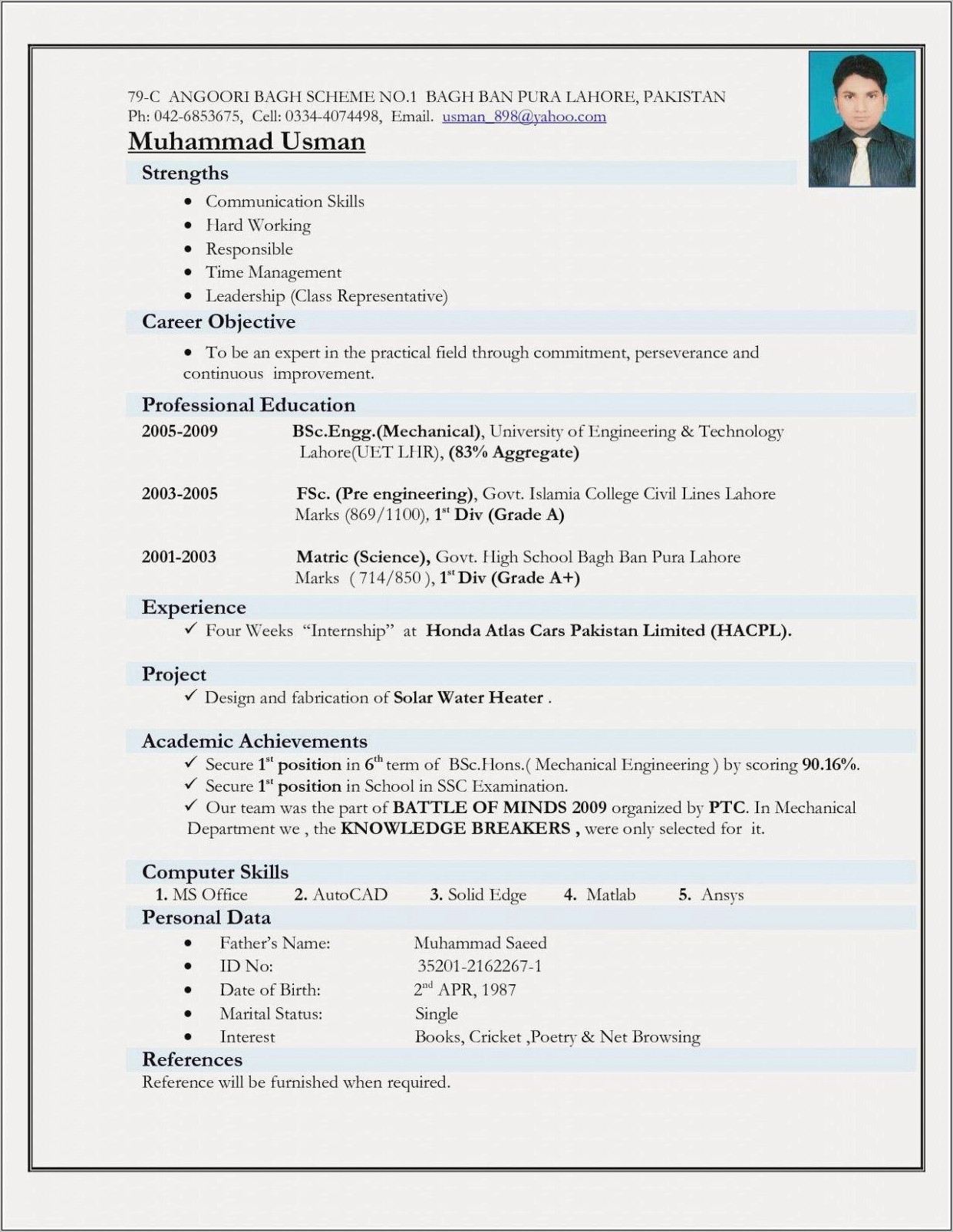 Free Download Resume Format For Freshers Mechanical Engineers