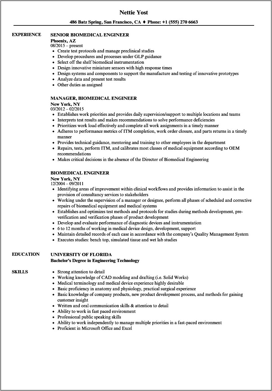 Free Download Resume Templates For Word Biological Engineer