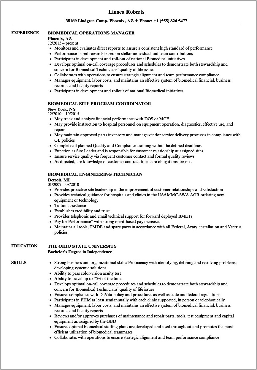 Free Download Resume Templates For Word Biomedical Engineer