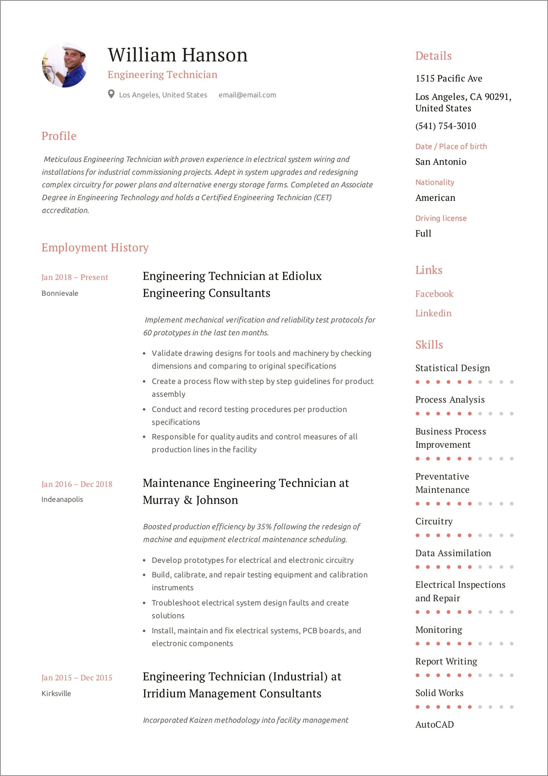 Free Example Of Engineering Technician Resumes