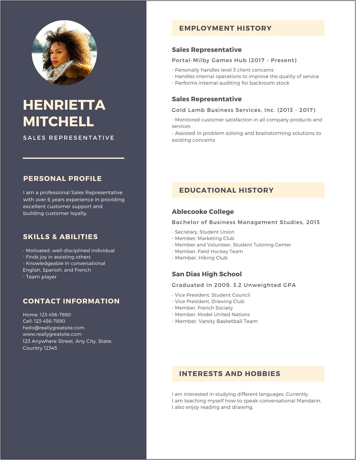 Free Example Of Resume In English