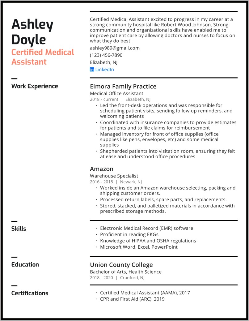 Free Examples Of Medical Assistant Resume