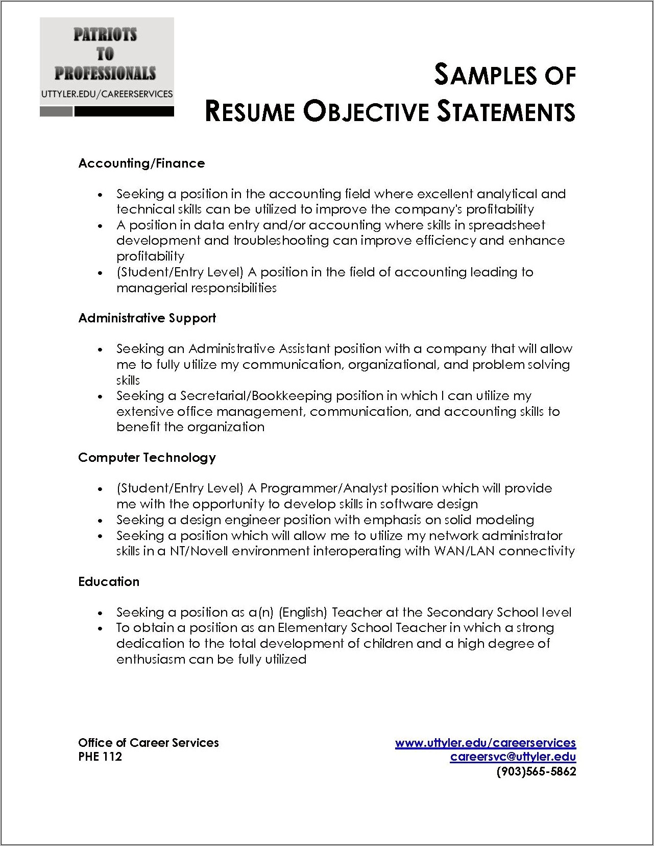 Free Examples Of Resume Objective Statements