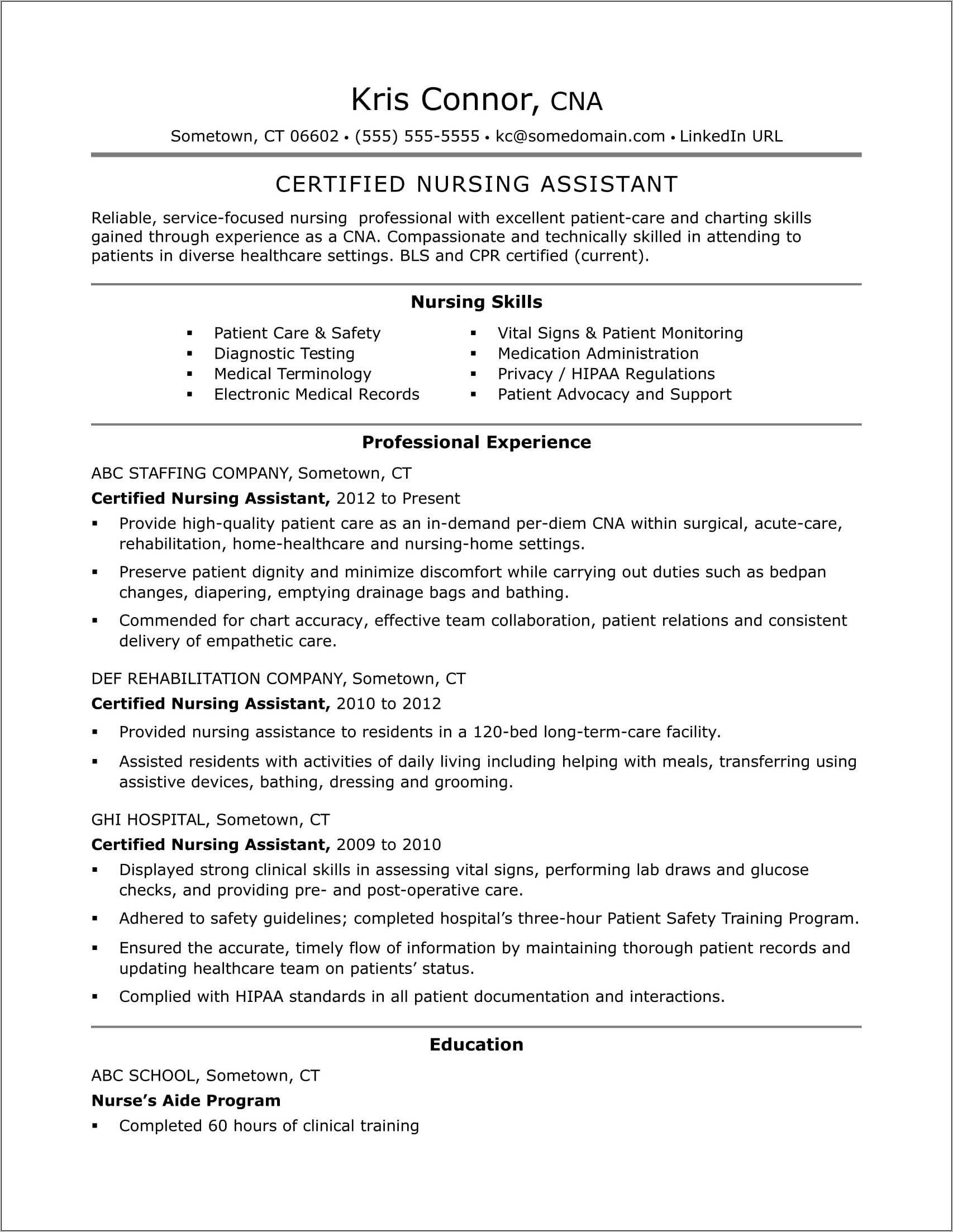 Free Examples Of Resumes For Cna