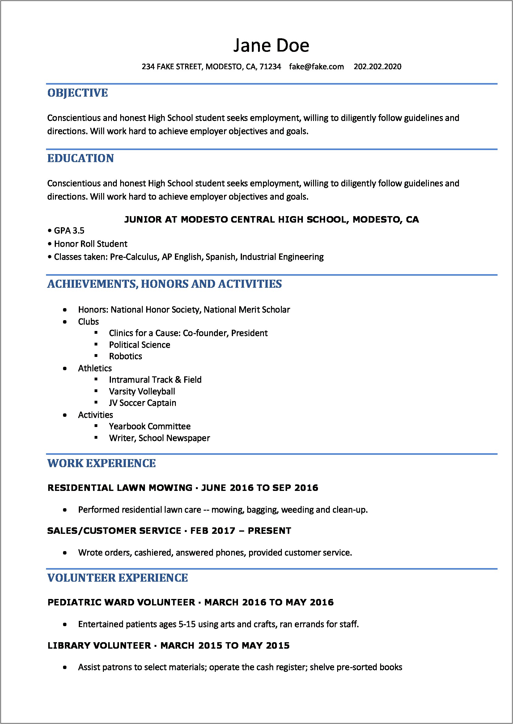 Free Examples Of Resumes For High School Students