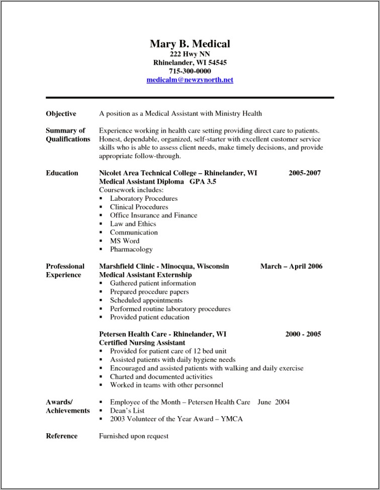 Free Examples Of Resumes For Medical Assistants
