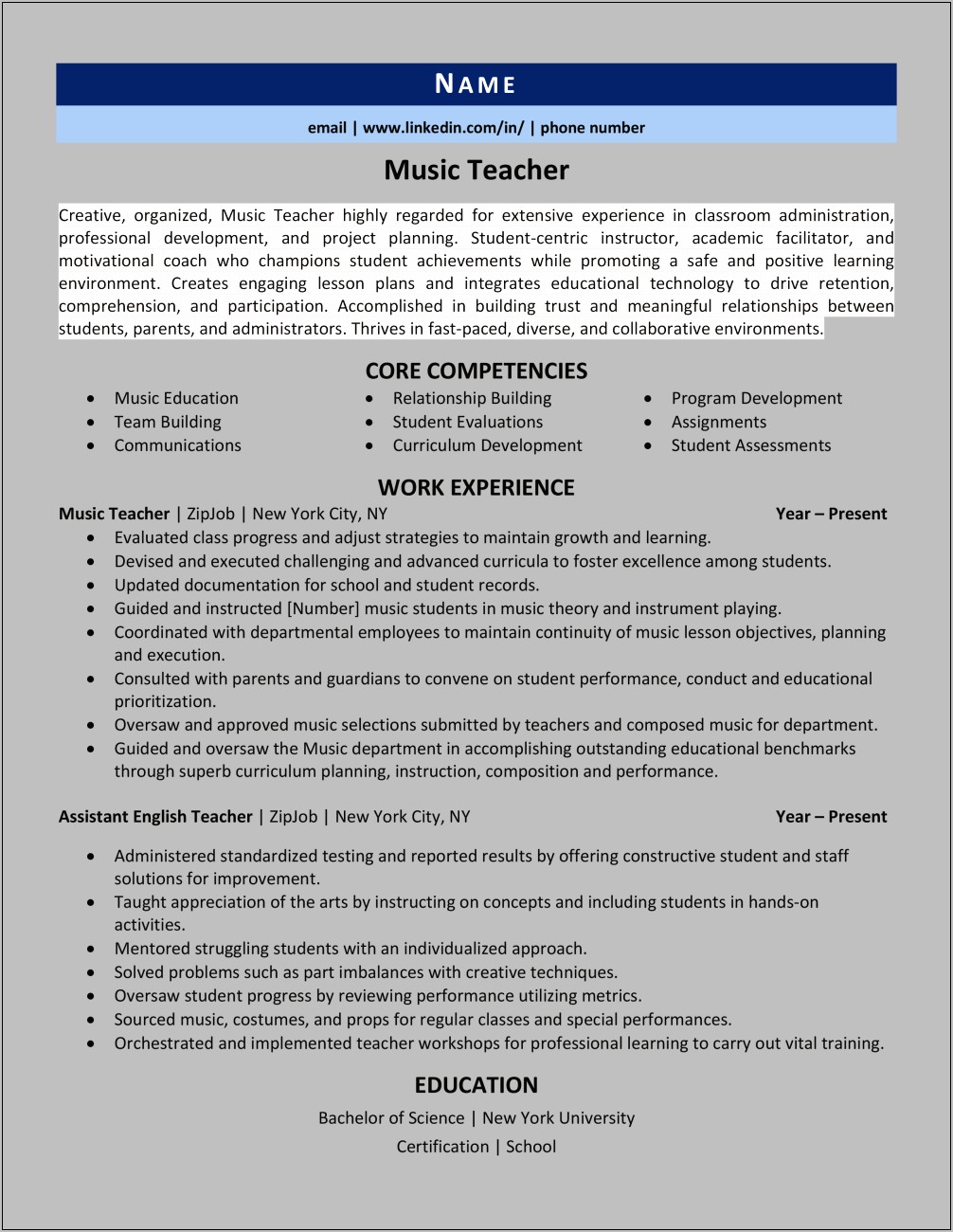 Free Examples Of Resumes For Teachers