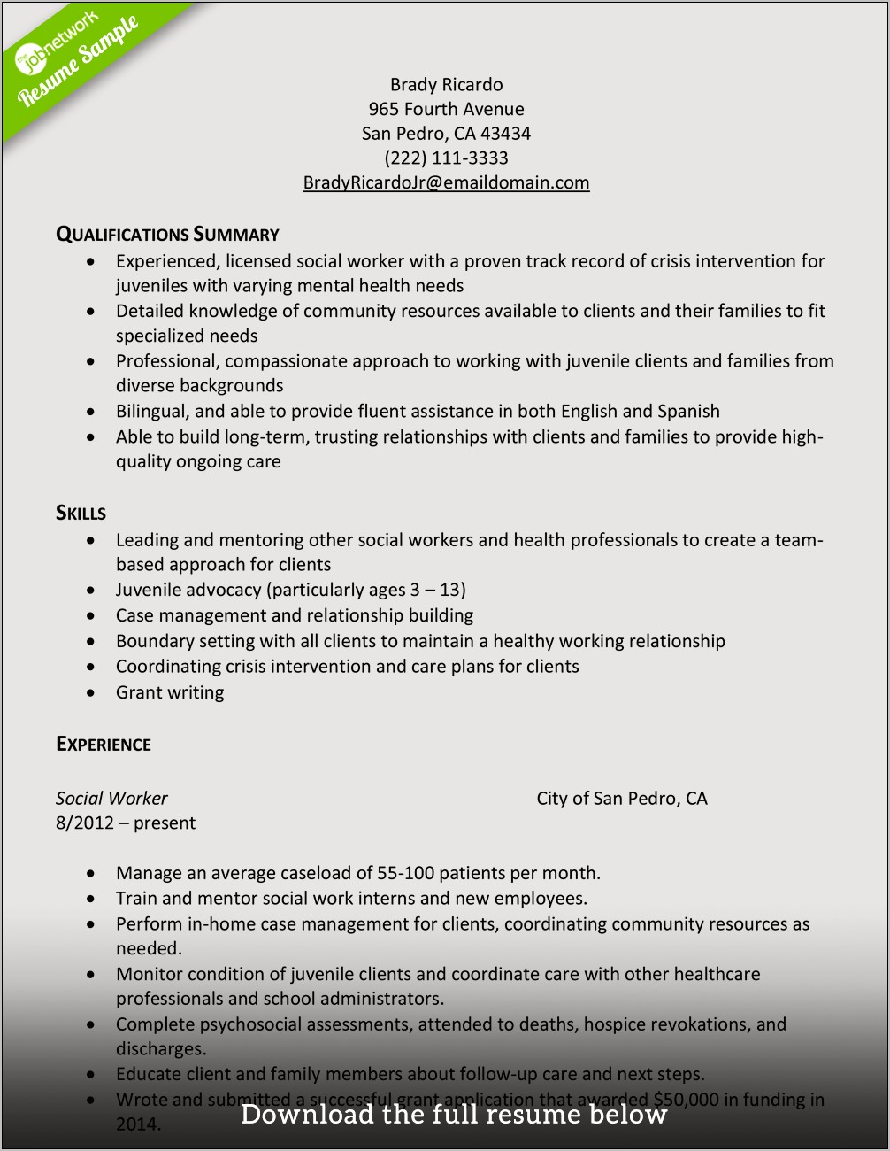 Free Examples Of Social Work Resumes
