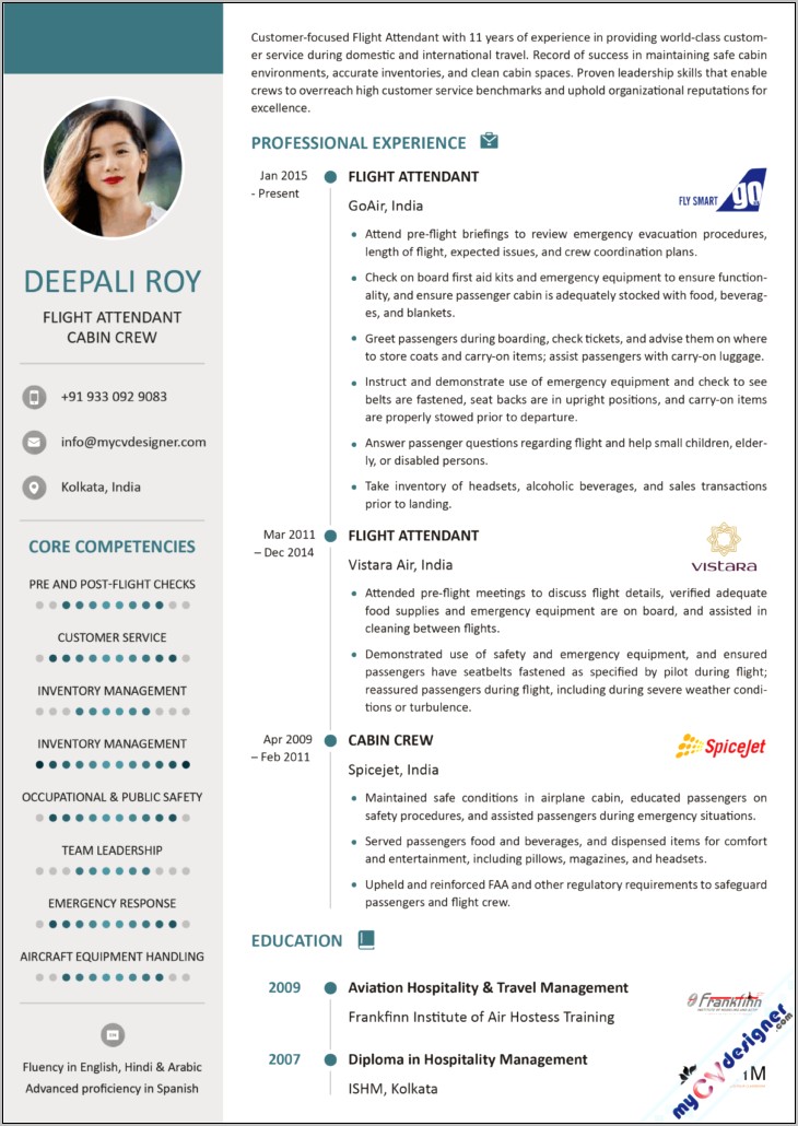 Free Flight Attendant Resume Template With Picture