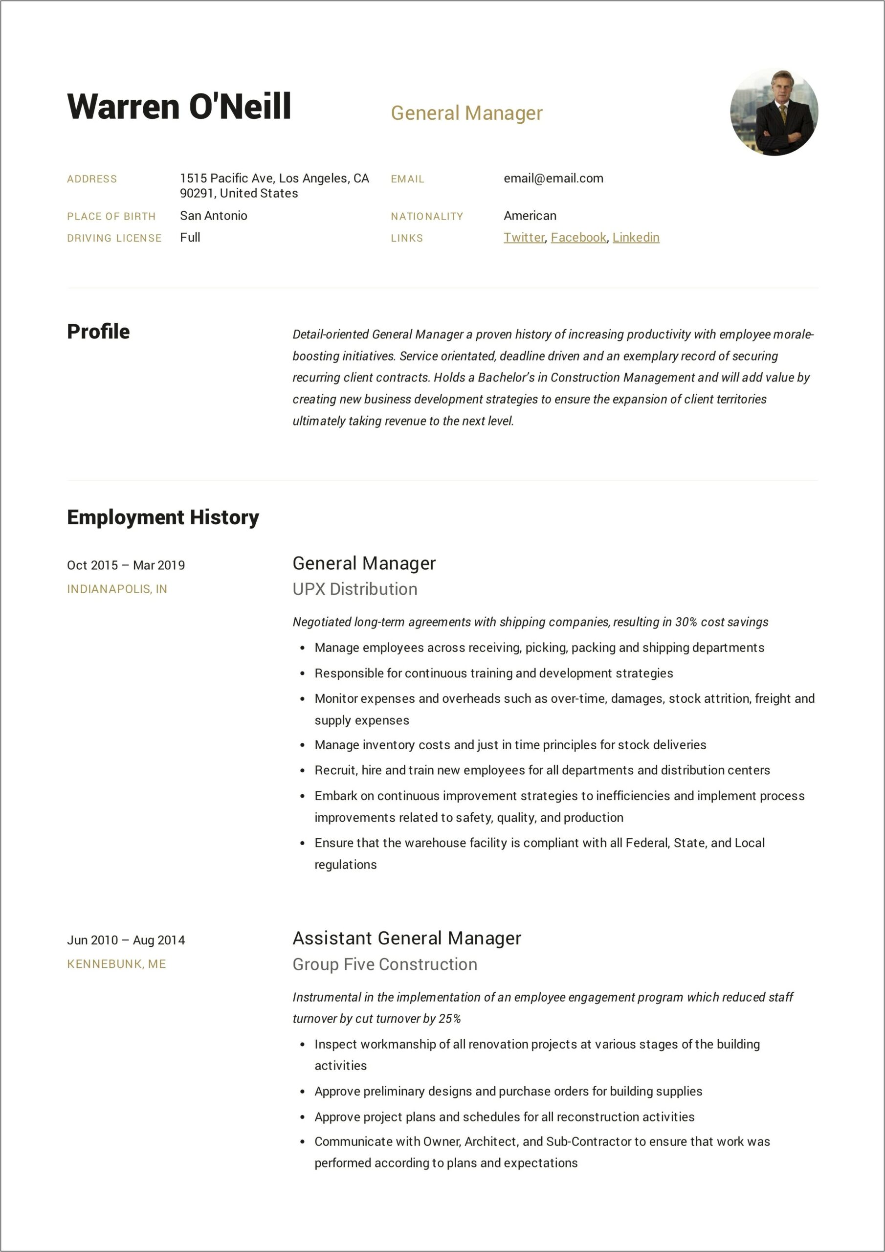 Free Hotel General Manager Resume Examples