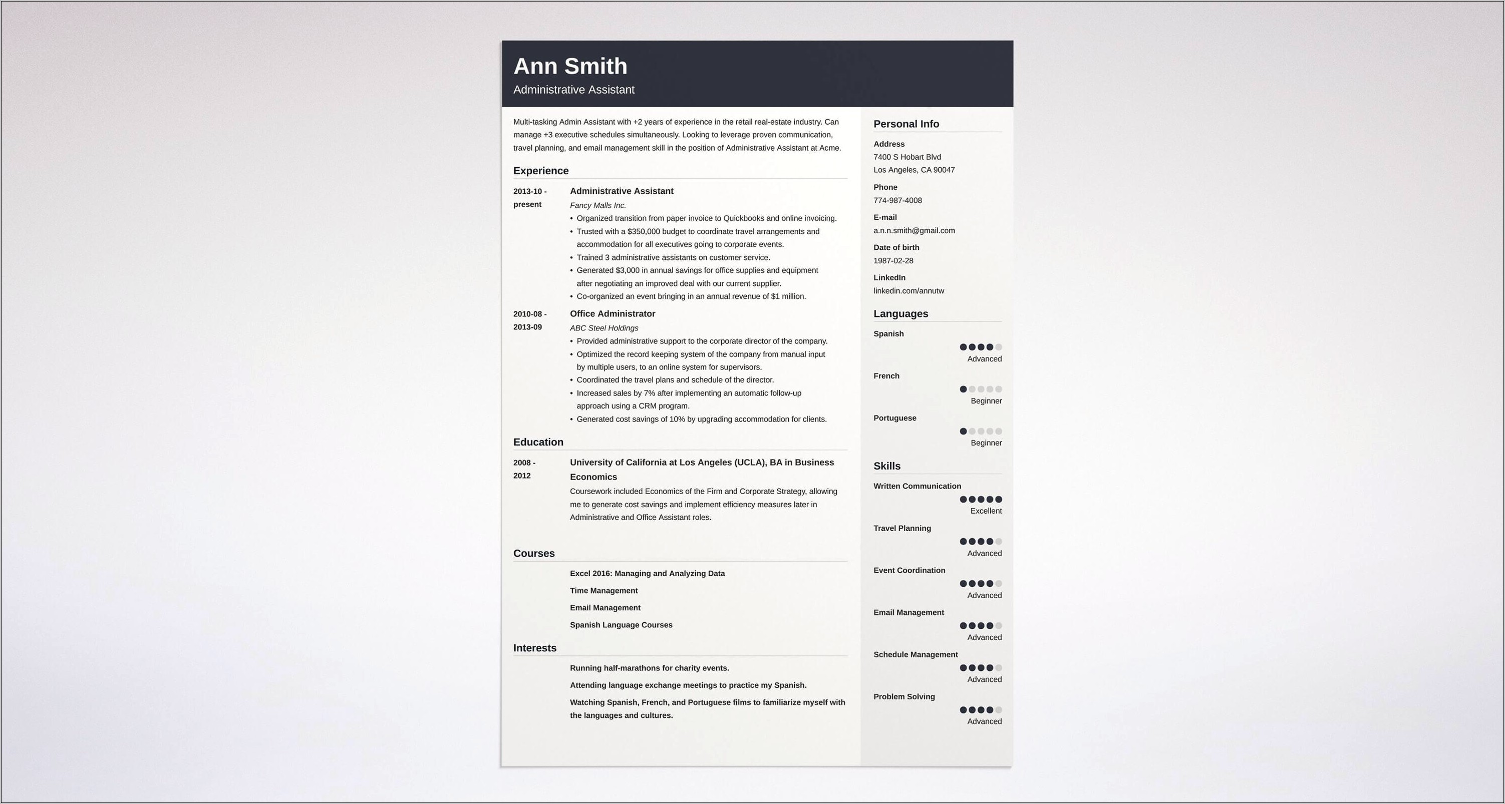 Free Online Resume For Administrative Assistant