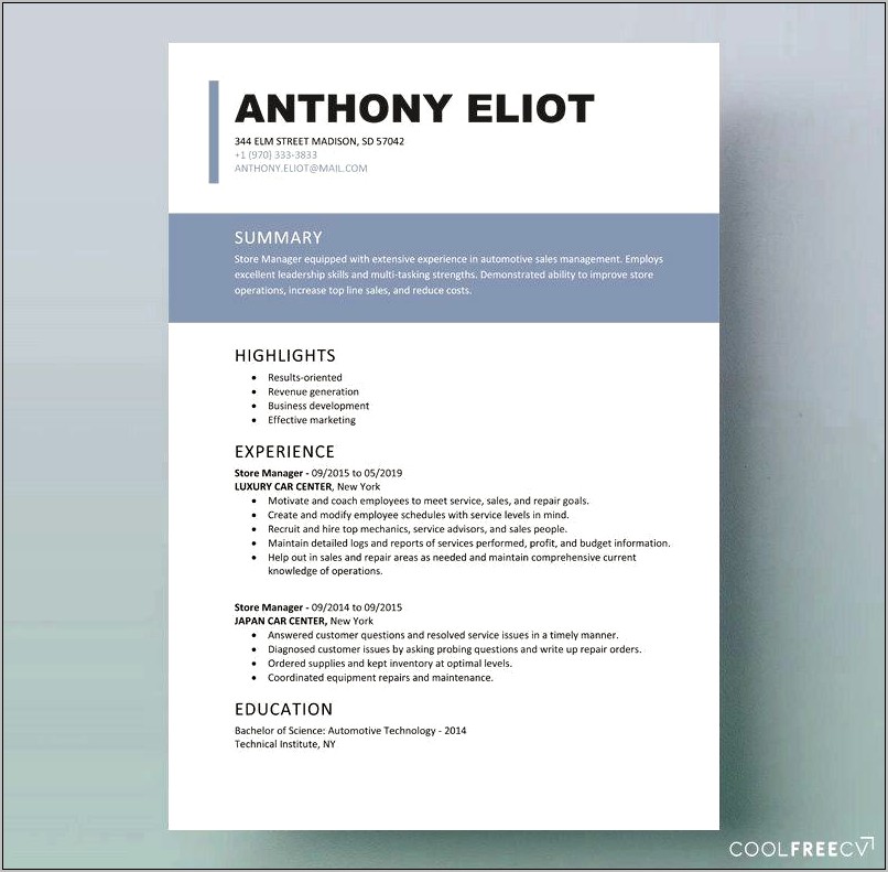 Free Printable Example Of A Resume