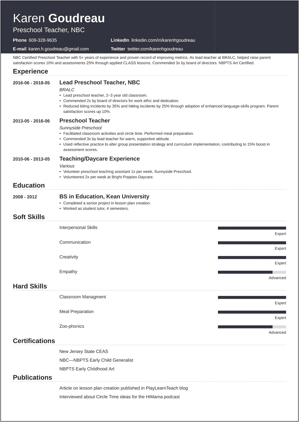 Free Printable Resume For A Pre School Teacher