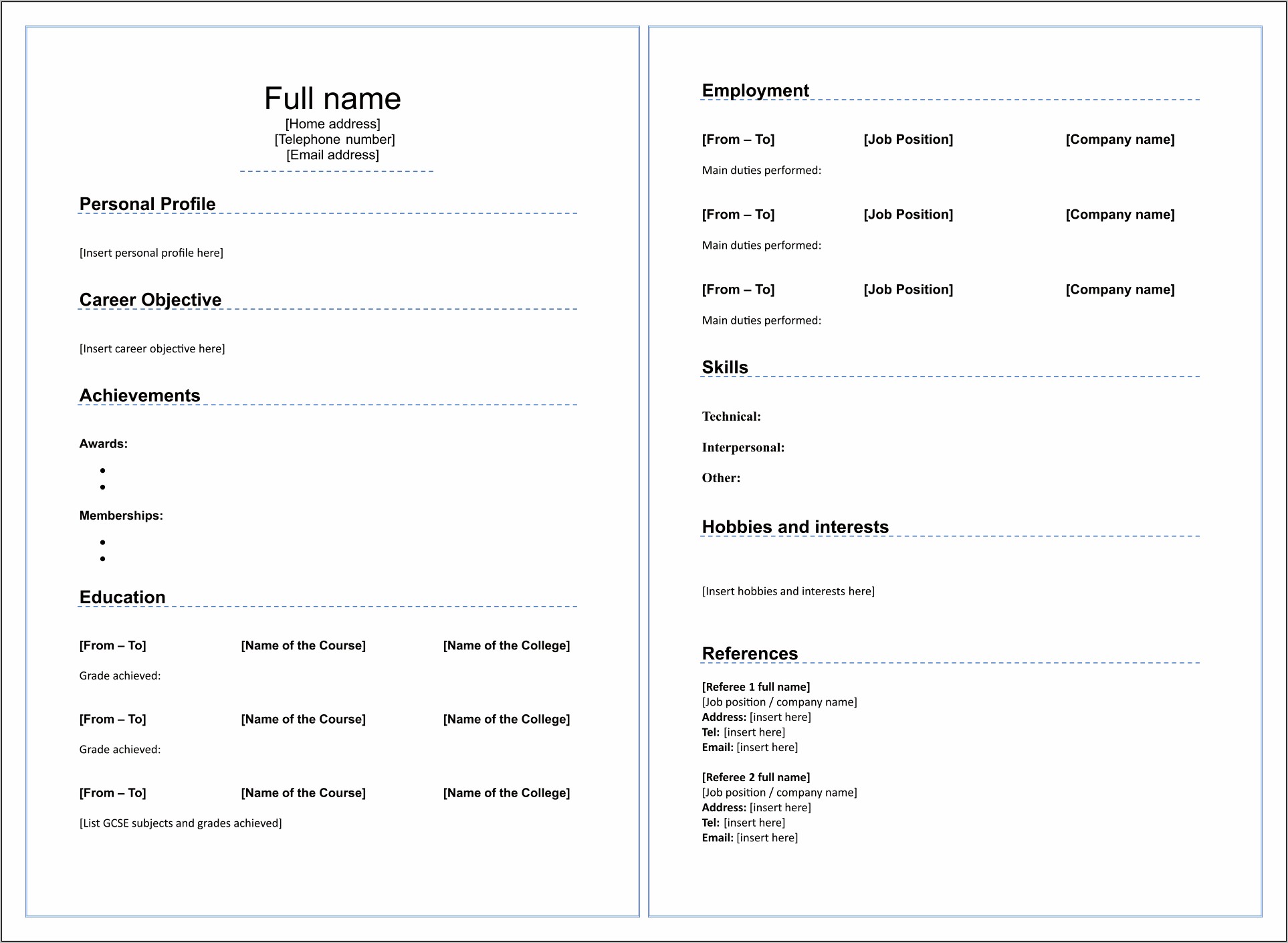 Free Printable Resume Template For Highschool Students