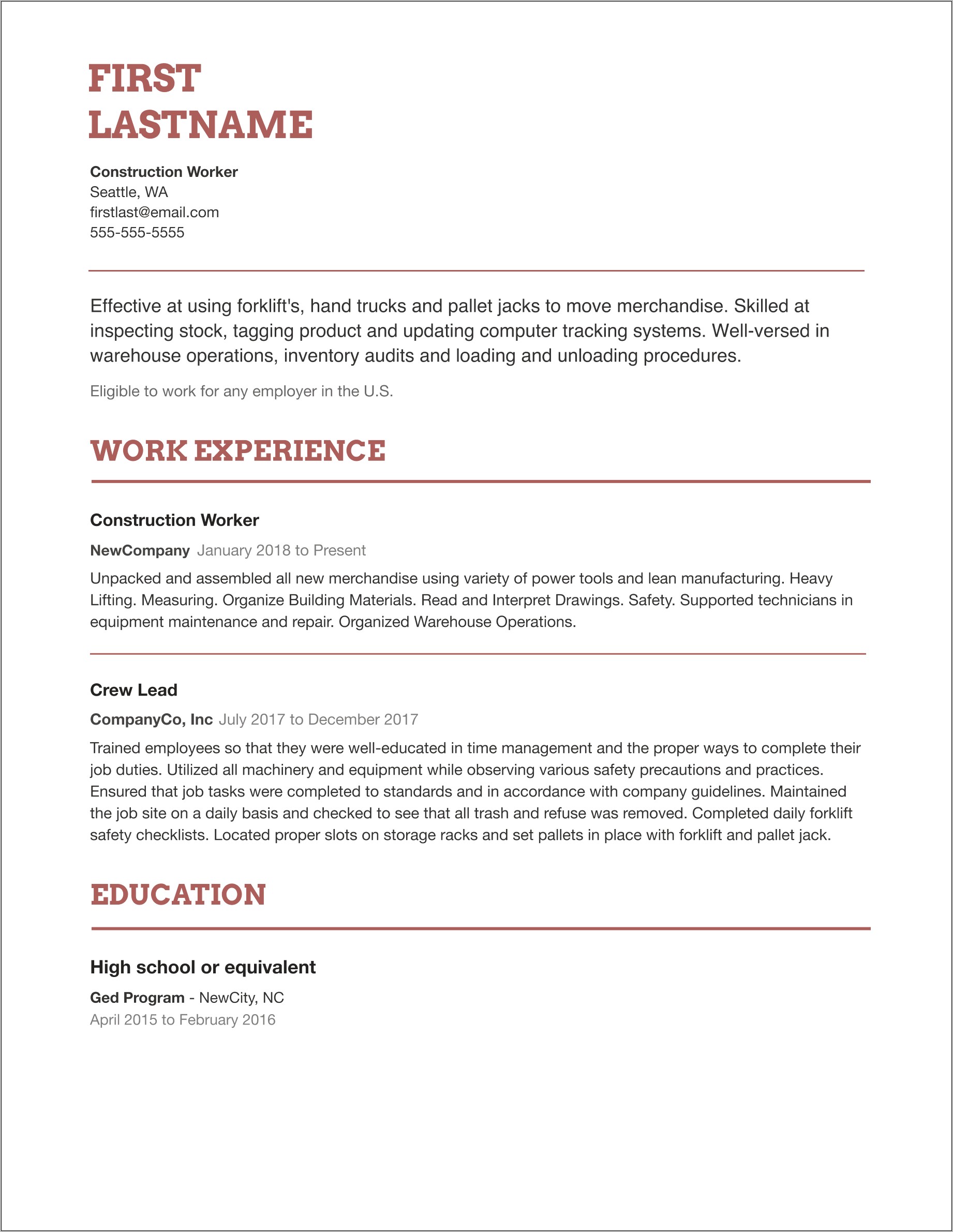 Free Printable Sample Of A Resume