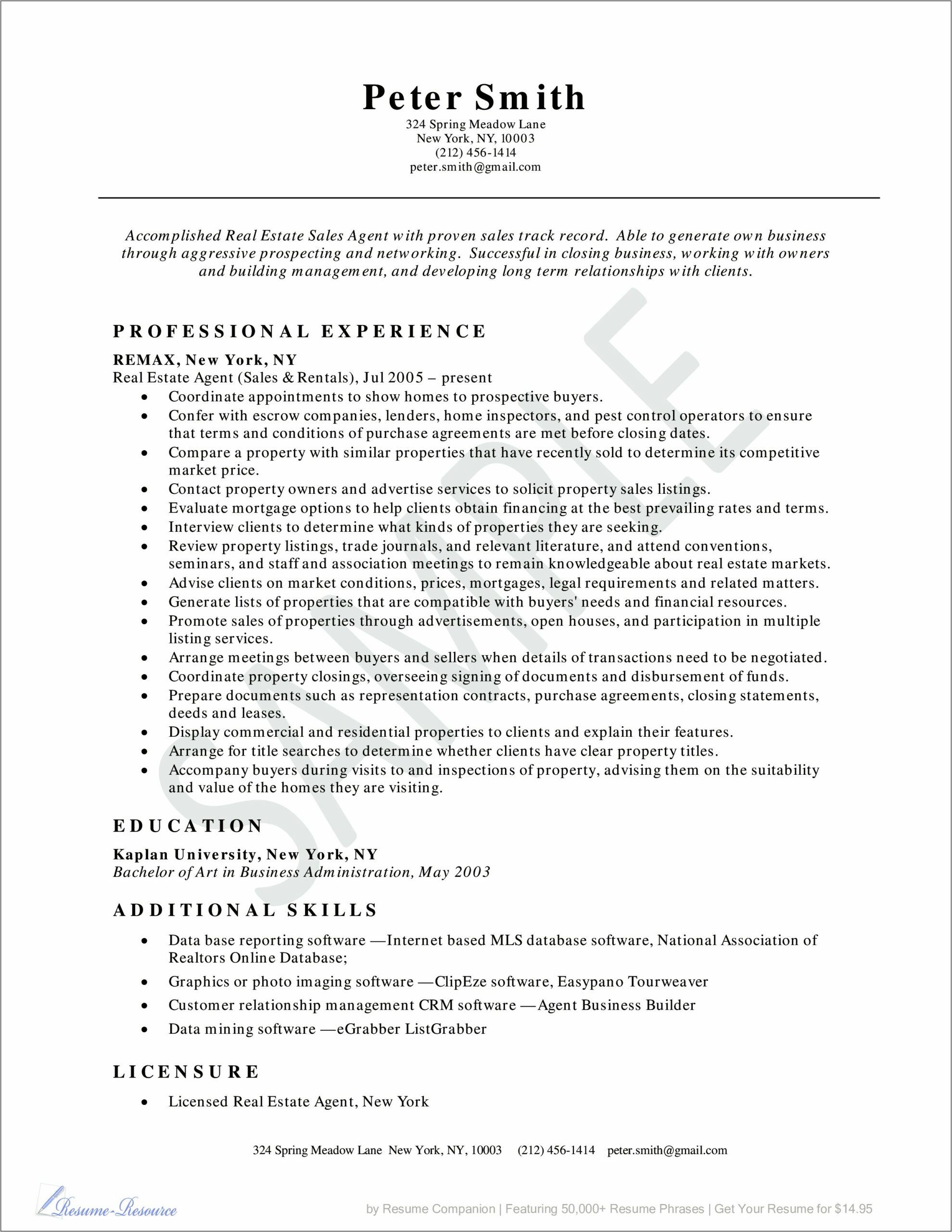 Free Real Estate Sale Person Resume For Beginers