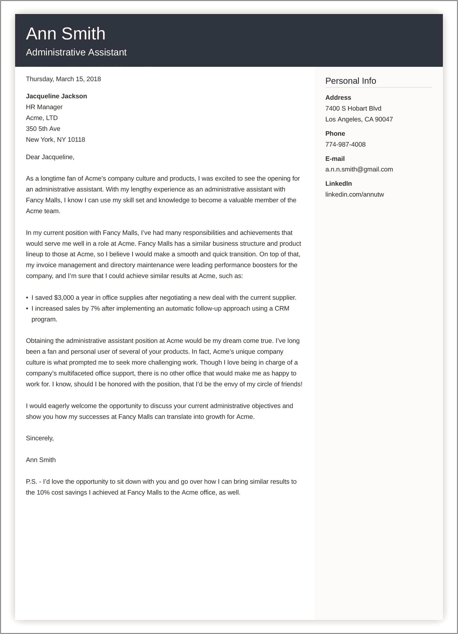 Free Resume Cover Letter Examples For Administrative Assistants