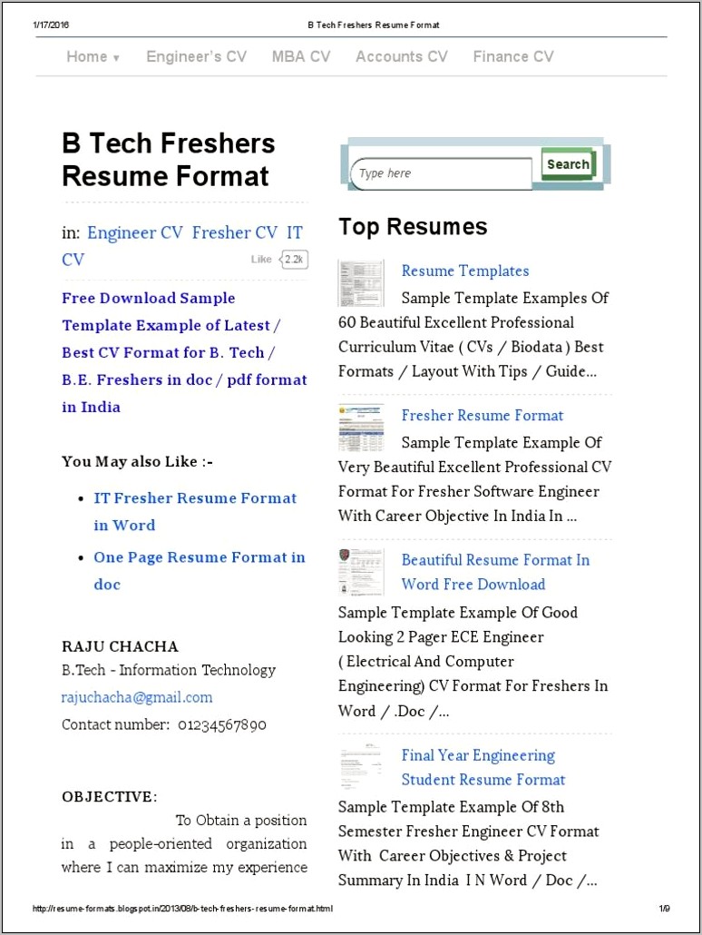 Free Resume Download For Freshers Pdf