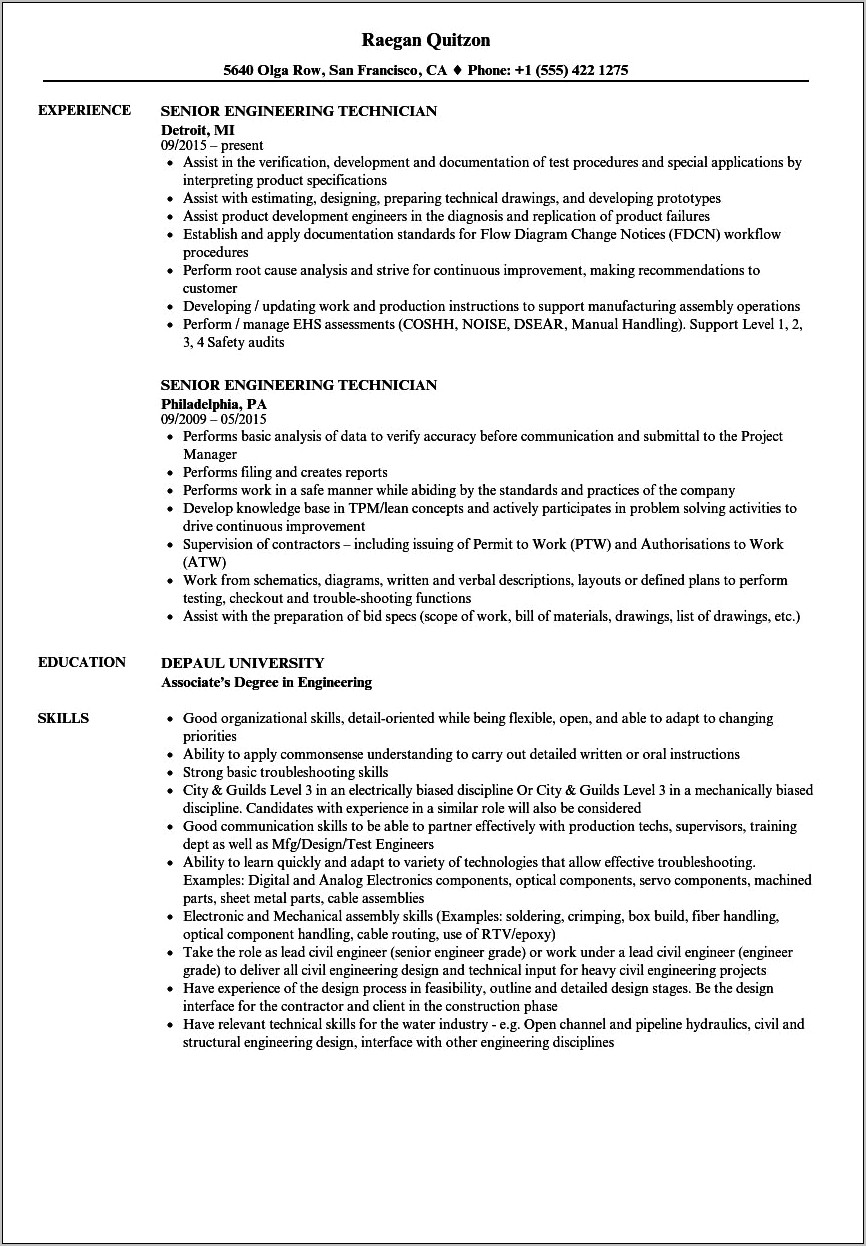 Free Resume Example For Engineering Technician