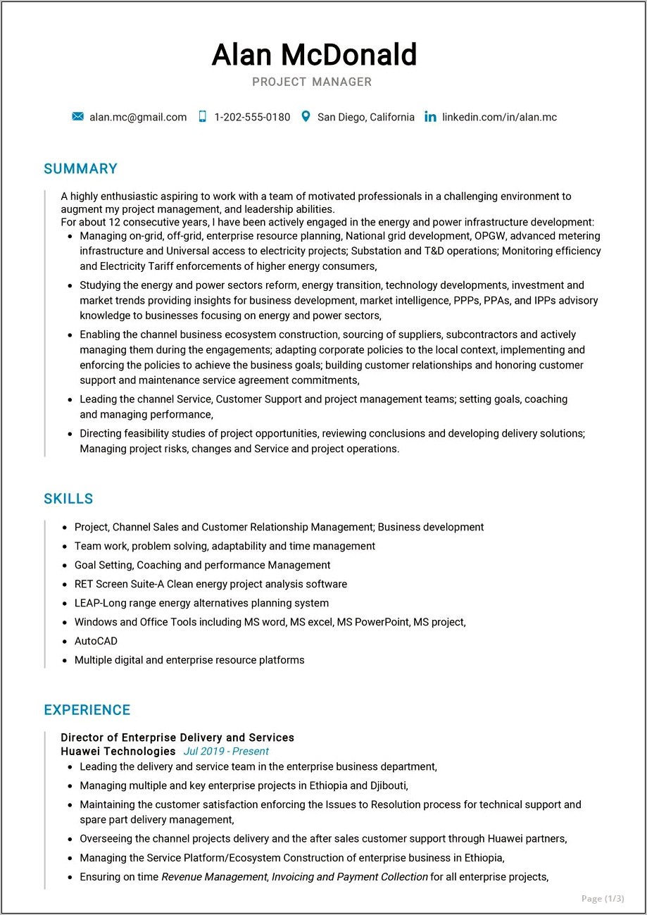 Free Resume For Construction Project Manager
