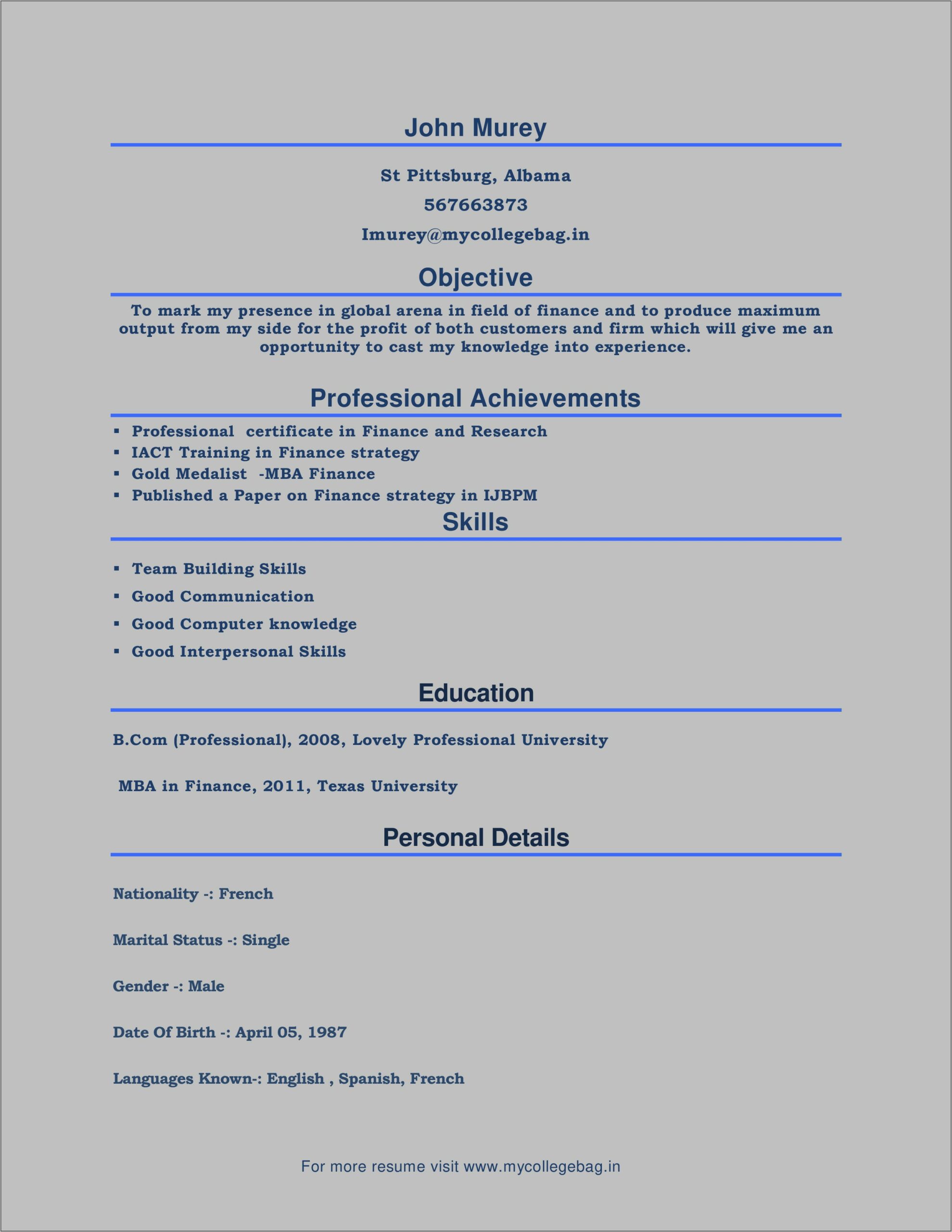 Free Resume Format Download For Mba Freshers