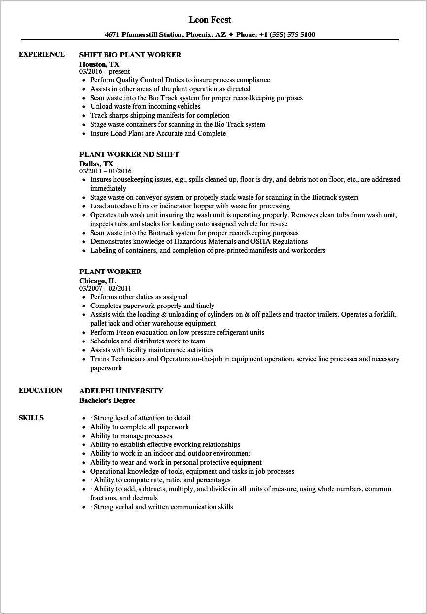 Free Resume Forms For Working In A Plant