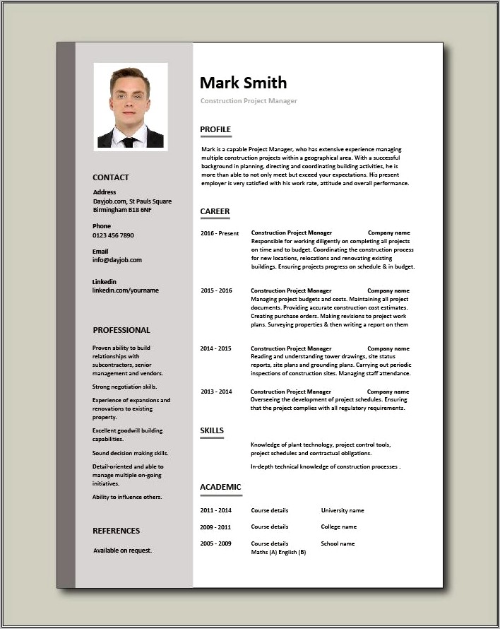 Free Resume Template For Construction Project Manager
