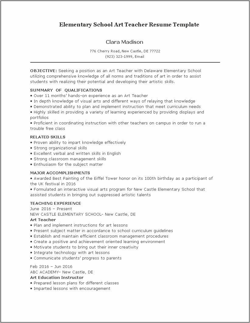 Free Resume Template For Elementary School Teacher